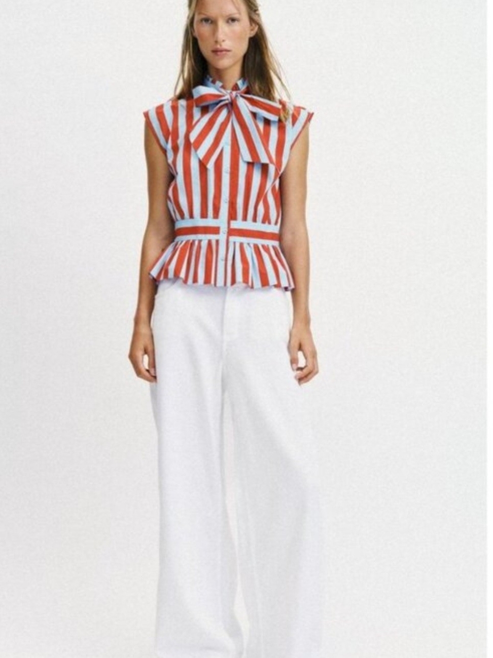 Zara Striped Bow Peplum Top in Red and Blue